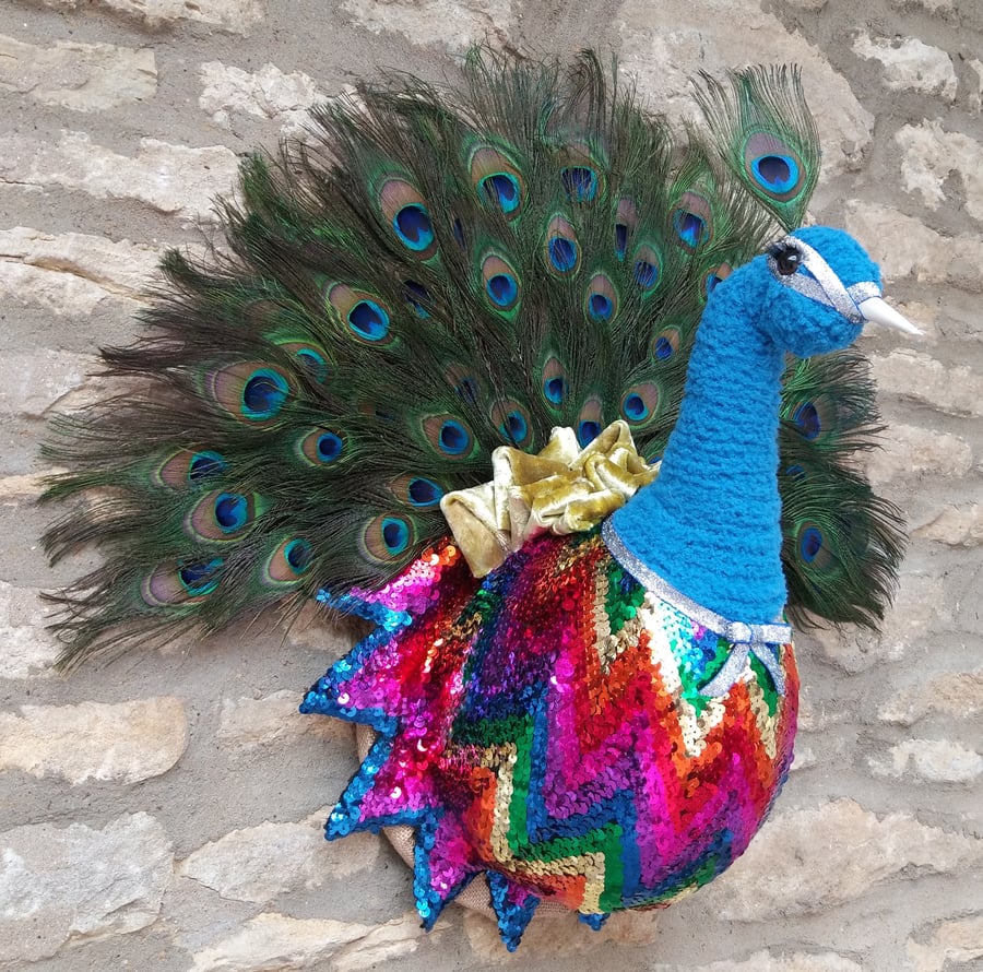 Faux taxidermy handmade Disco Diva sequin peacock bird head wall mounted trophy