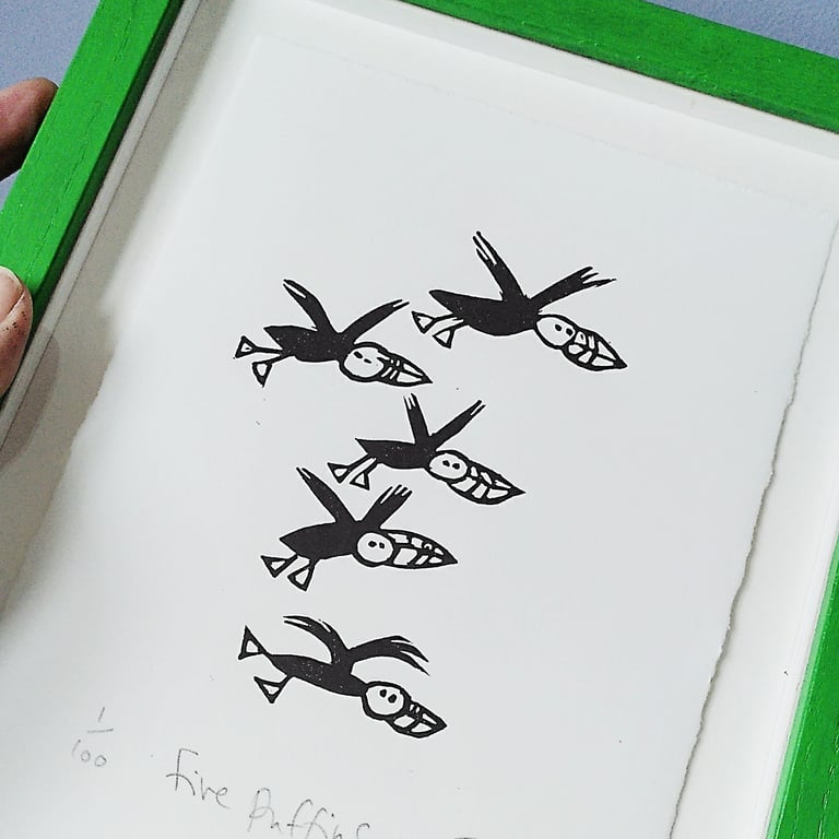 Five Puffins - lino cut print