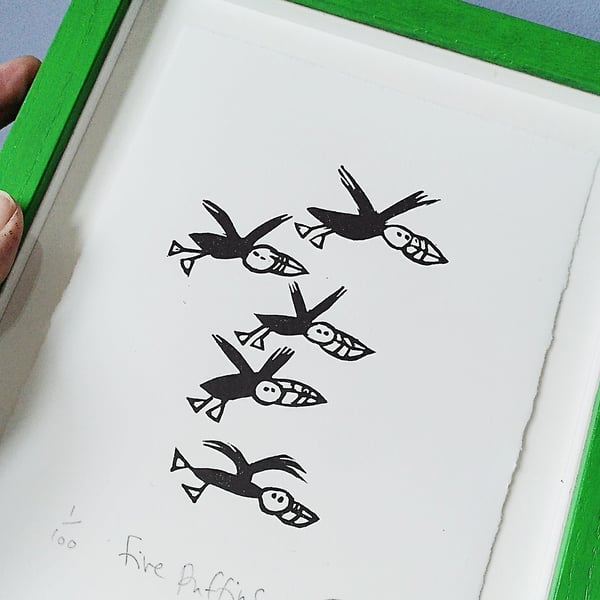 Five Puffins - lino cut print