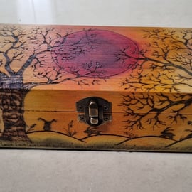 Wooden box hand painted felt lined box tarot cards, hare sunset with trees