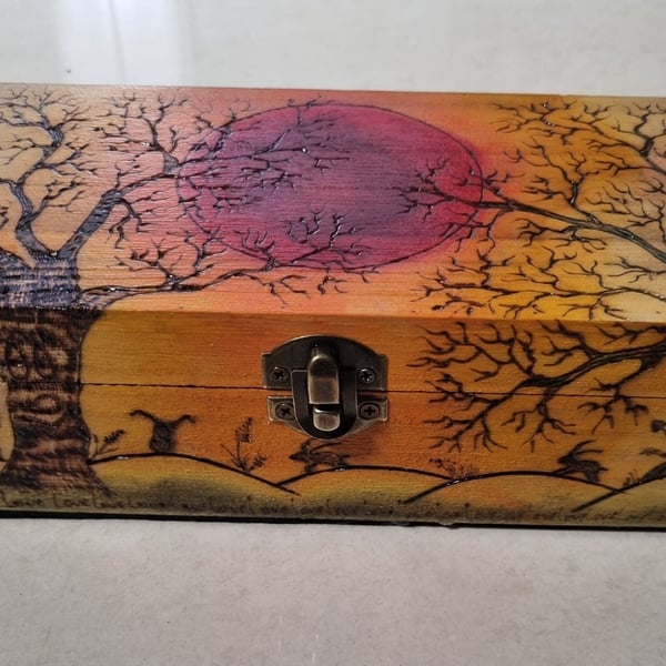 Wooden box hand painted felt lined box tarot cards, hare sunset with trees