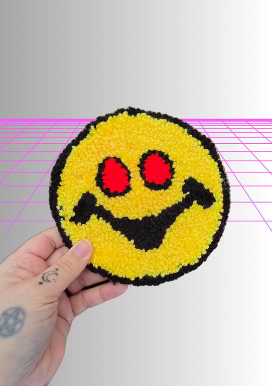 Yellow Smiley Face and Red Eyes Punch Needle Desk Rug Coaster Mouse Mat