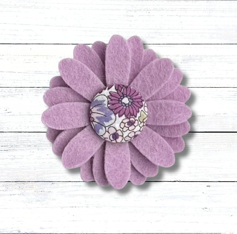 Handmade Felt Lilac Flower Brooch with Fabric Button Centre, Christmas Gift