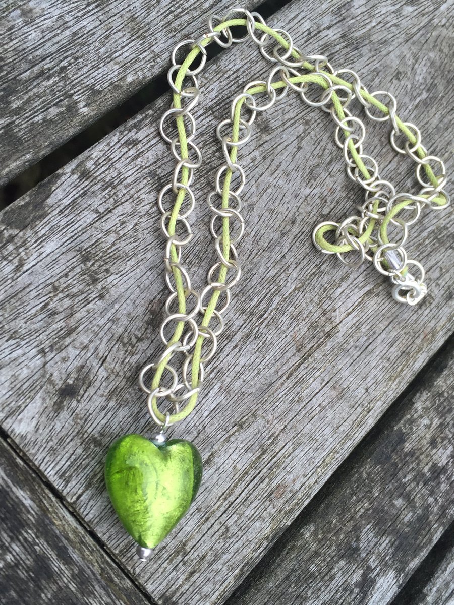 Green glass heart and chainmaille necklace