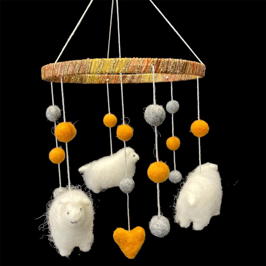 Mobile, with needle felt sheep, nursery decor, new baby gift, baby shower