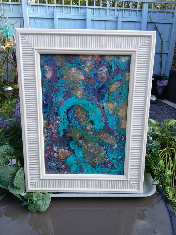 Framed Watercolour Marbling Painting 