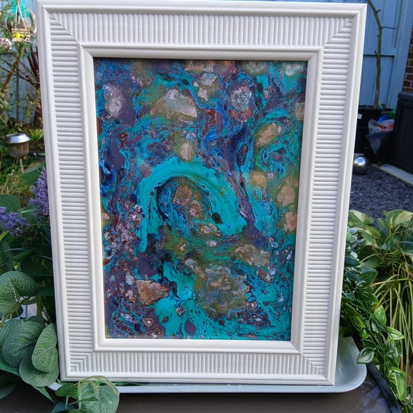 Framed Watercolour Marbling Painting 
