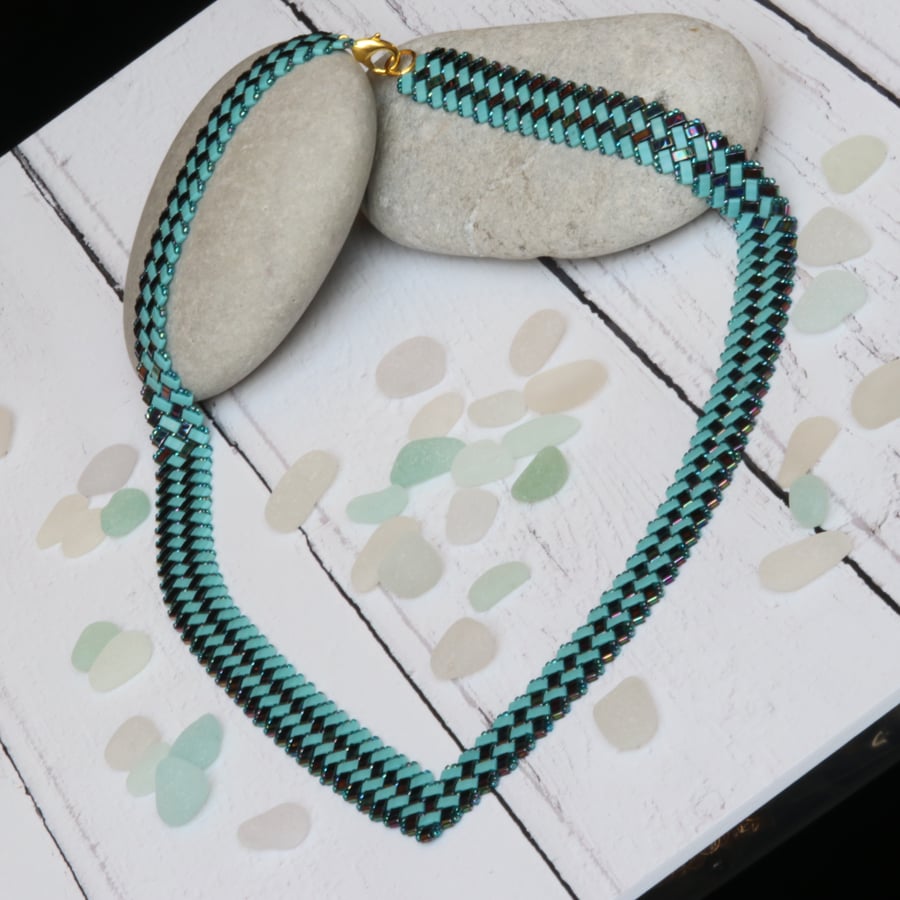 Half Tila V-Neck Necklace in Turquoise