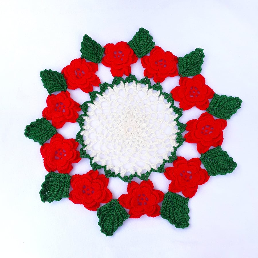Hand crocheted vintage 1940's style doily - red roses - green leaves - table 