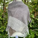 Handwoven, handspun, grey, lilac, white and brown scarf
