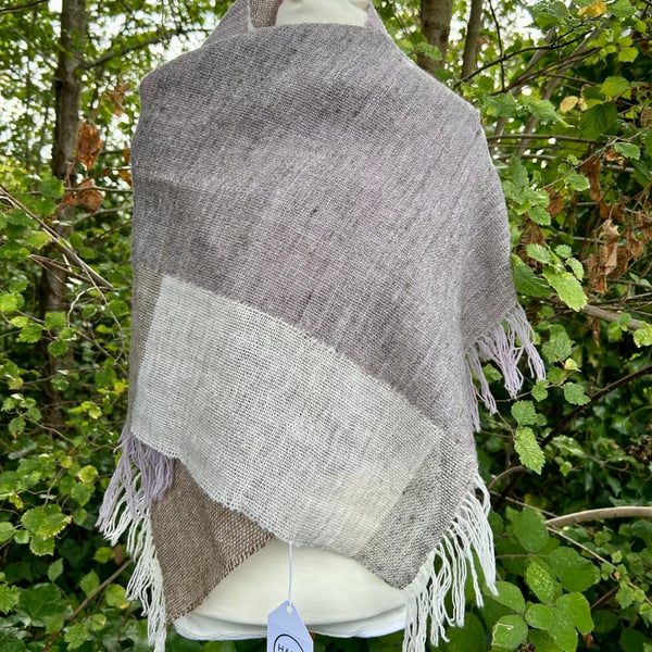 Handwoven, handspun, grey, lilac, white and brown scarf