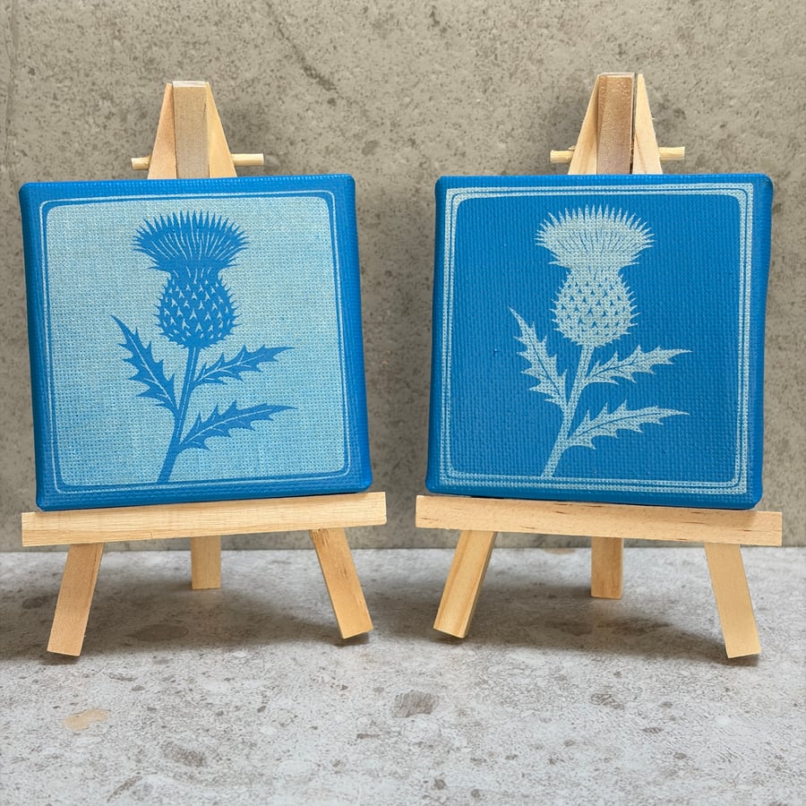 Blue Folk Thistle Mini Canvas – Spray Painted & Engraved - 7.5cm Square