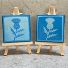 Blue Folk Thistle Mini Canvas – Spray Painted & Engraved - 7.5cm Square