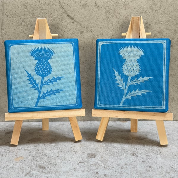 Blue Folk Thistle Mini Canvas – Spray Painted & Engraved - 7.5cm Square