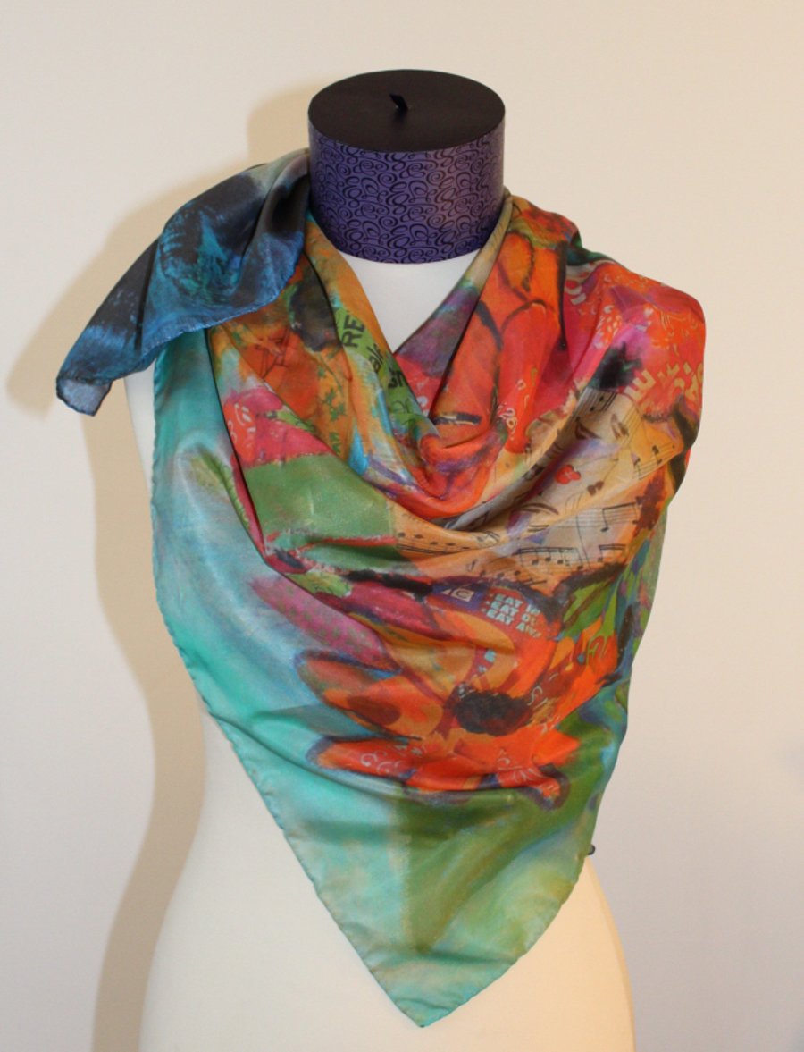 Colourful digitally printed silk scarf.
