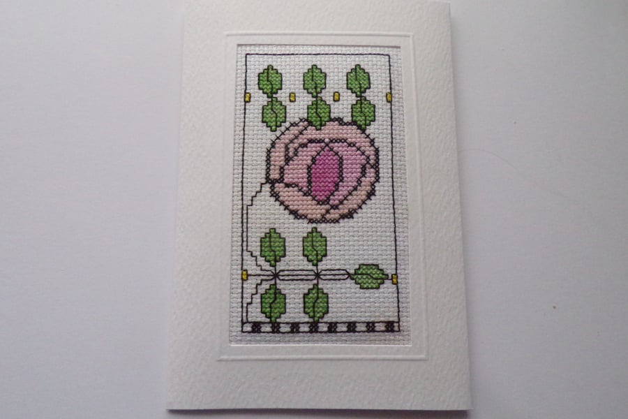 Cross Stitch Rose Card: Art Deco Handmade Blank Card