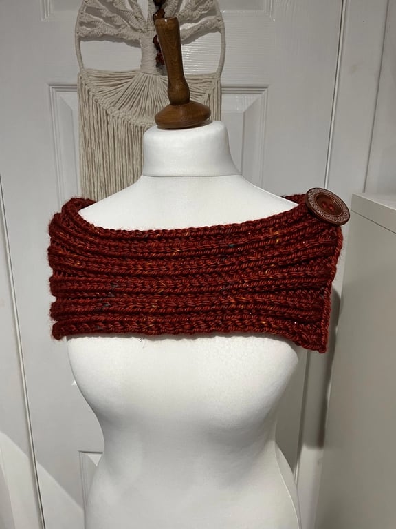 Cherry Red super chunky acrylic shoulder hugger scarf 80cms Celtic button