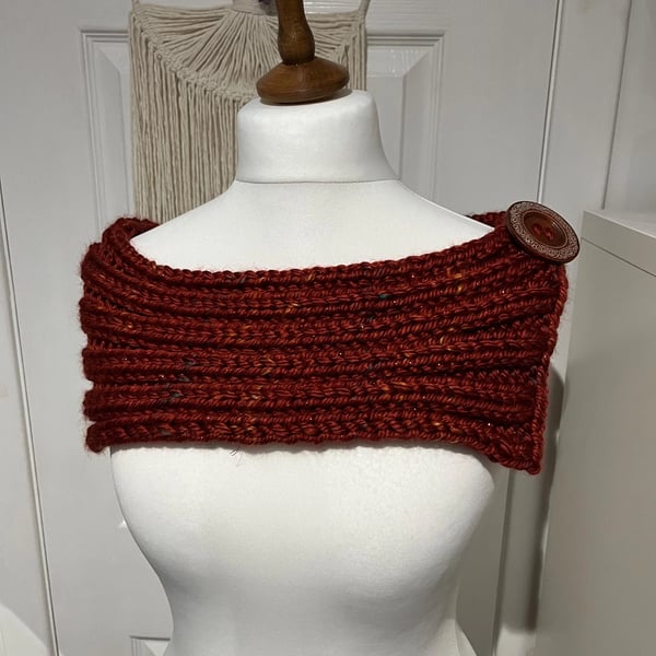 Cherry Red super chunky acrylic shoulder hugger scarf 80cms Celtic button