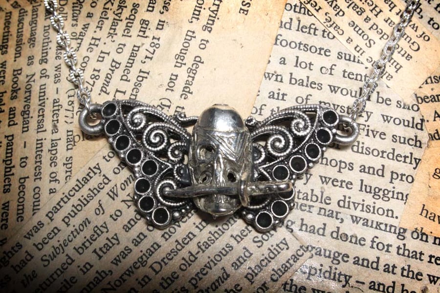 Pirate Skull Sword Butterfly Silver Tone Necklace