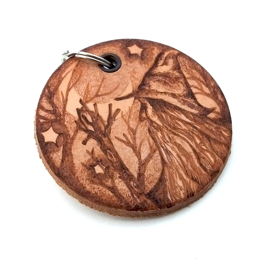 A Lovely Old Wizard, with Crystal Staff, Pyrography Keyring, Leather Disc