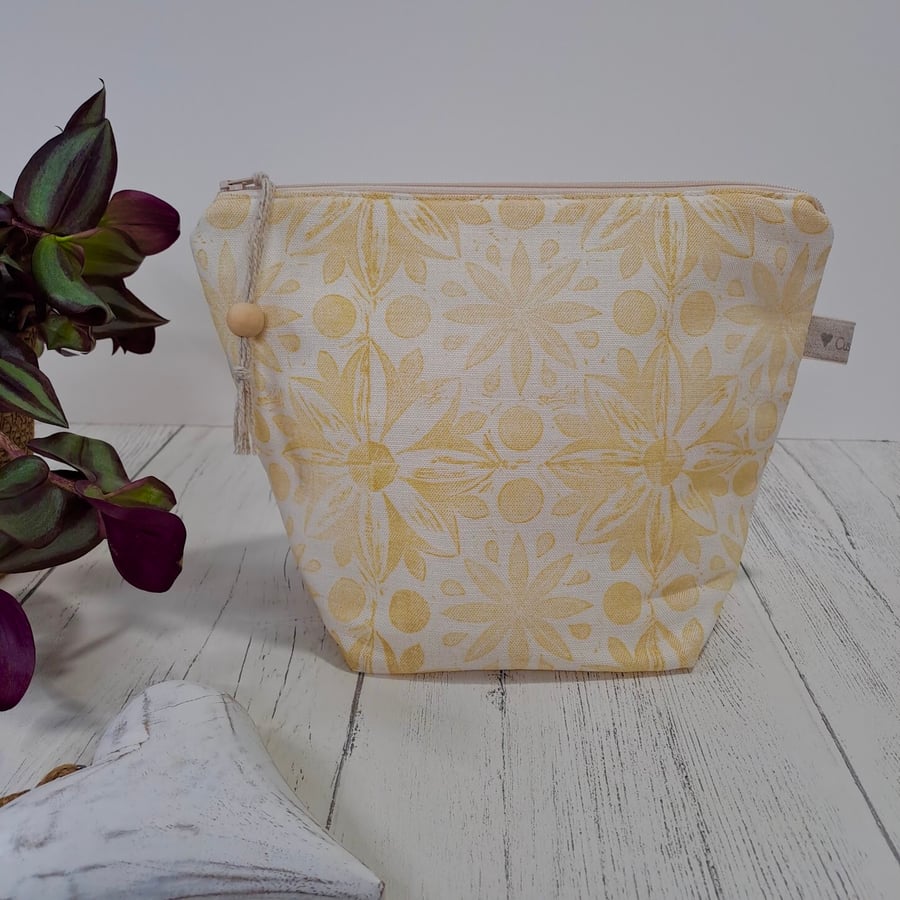 Hand Printed Linen Wash Bag, Toiletry Bag, Accessory Bag - Ochre Yellow
