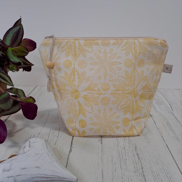 Hand Printed Linen Wash Bag, Toiletry Bag, Accessory Bag - Ochre Yellow