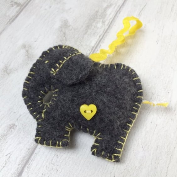 Elephant - Felted wool hanging decoration, with yellow heart