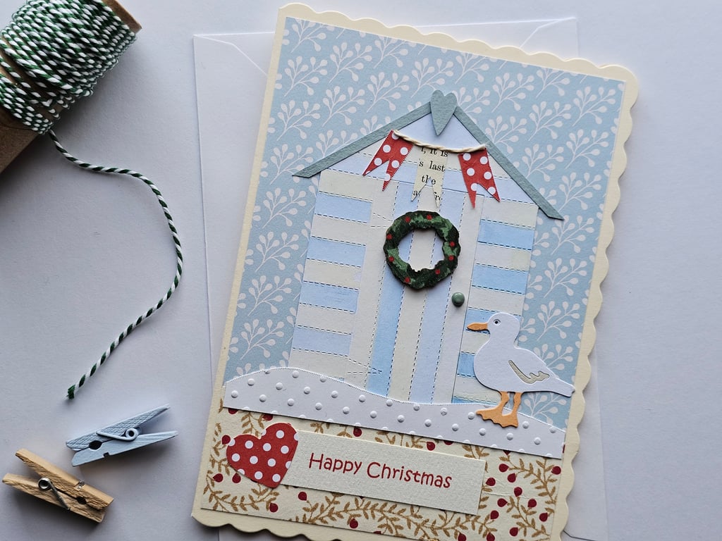 Beach Hut Large Seaside Christmas Card Size 7" x 5" 