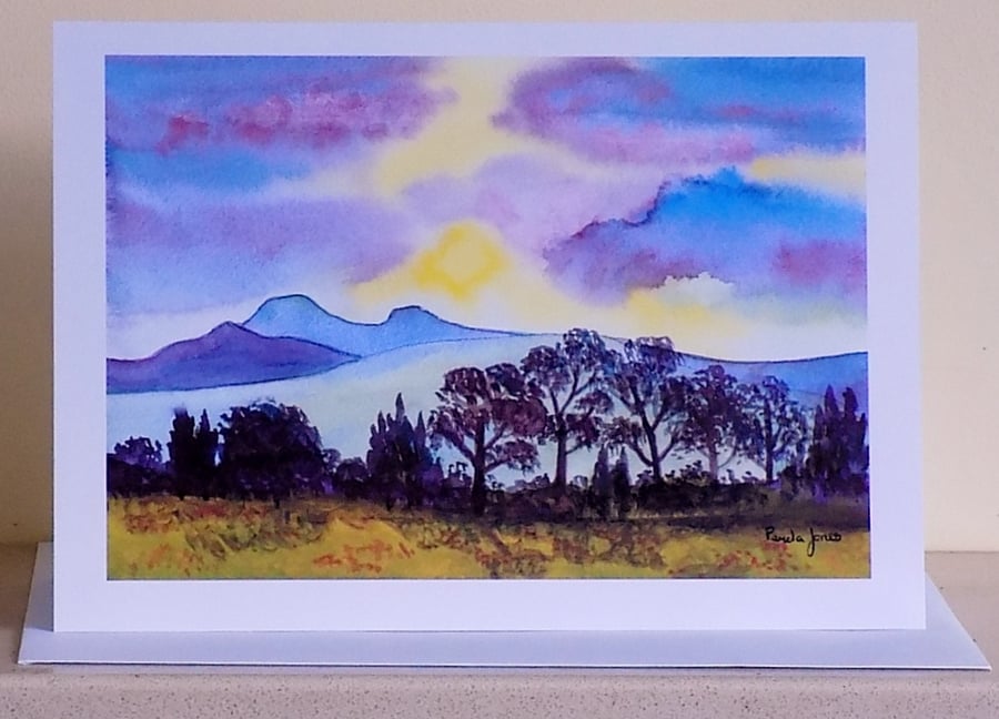 Art Greetings Card, Evening Light, The Brecon Beacons, Wales, A5, Blank inside