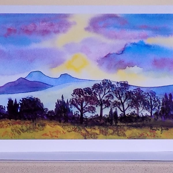 Art Greetings Card, Evening Light, The Brecon Beacons, Wales, A5, Blank inside