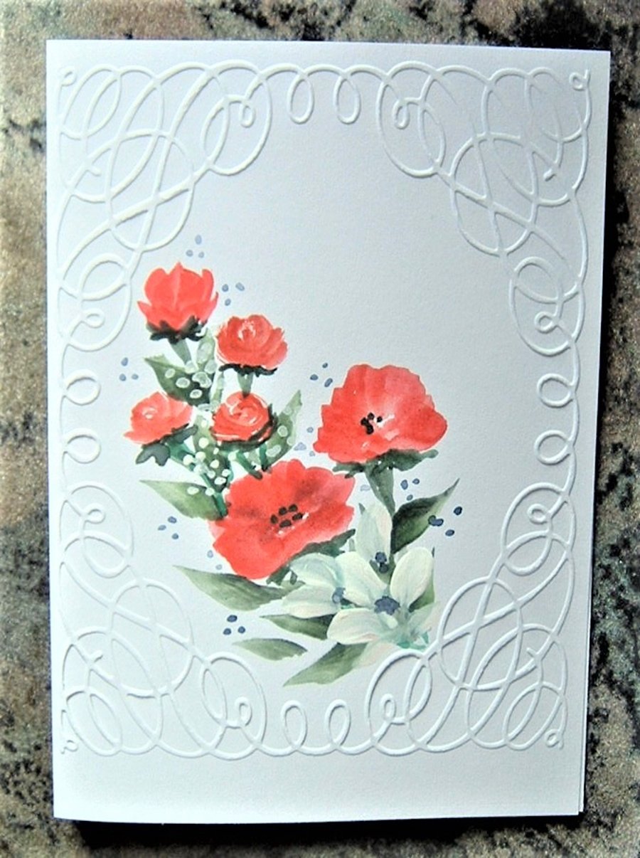 hand painted red roses greetings card ( ref f 559)