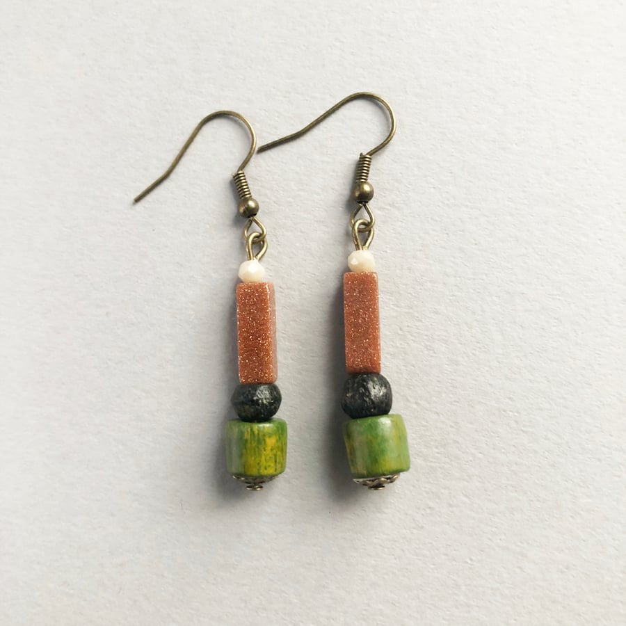 Green, black, brown shimmer rectangle bead dangle drop African inspired earrings