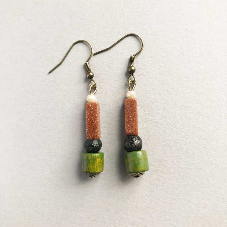 Green, black, brown shimmer rectangle bead dangle drop African inspired earrings