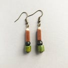Green, black, brown shimmer rectangle bead dangle drop African inspired earrings
