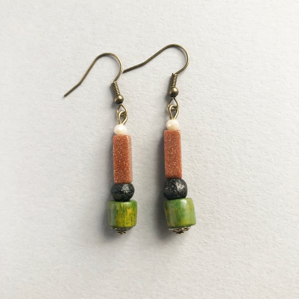 Green, black, brown shimmer rectangle bead dangle drop African inspired earrings