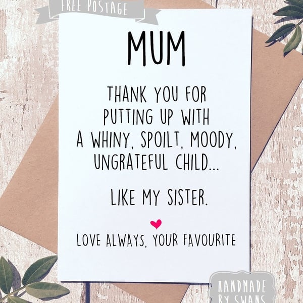 Funny birthday card for mum, Like my sister, birthday gift, Card for mum, Funny 