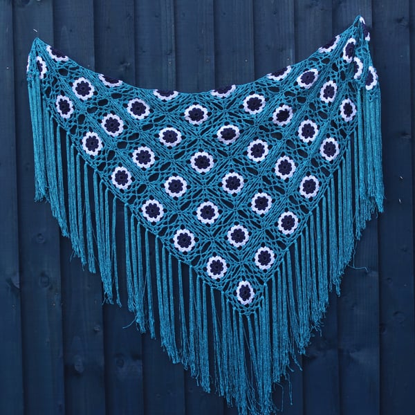 Crochet triangular shawl in sparkly turquoise, navy and white - design LF433