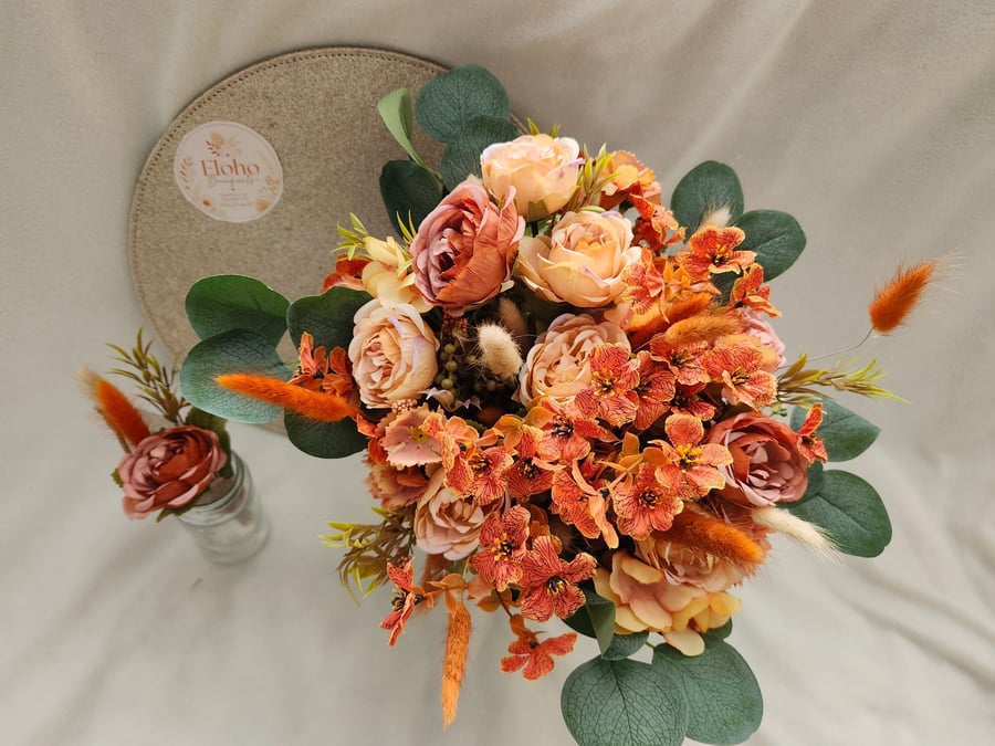 Burnt Orange Sunset Brides Bouquet and Buttonhole 