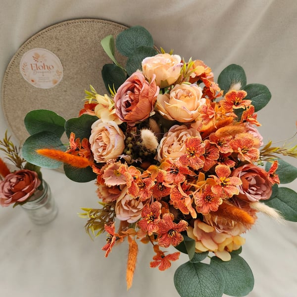 Burnt Orange Sunset Brides Bouquet and Buttonhole 