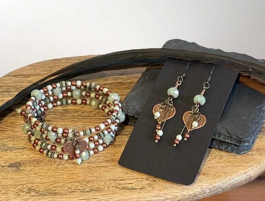 Sage green and copper autumnal wrap bracelet and matching earrings jewellery set