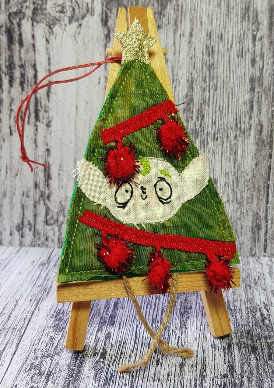 Christmas Tree Elf Hanging Decoration with Red Pom Poms