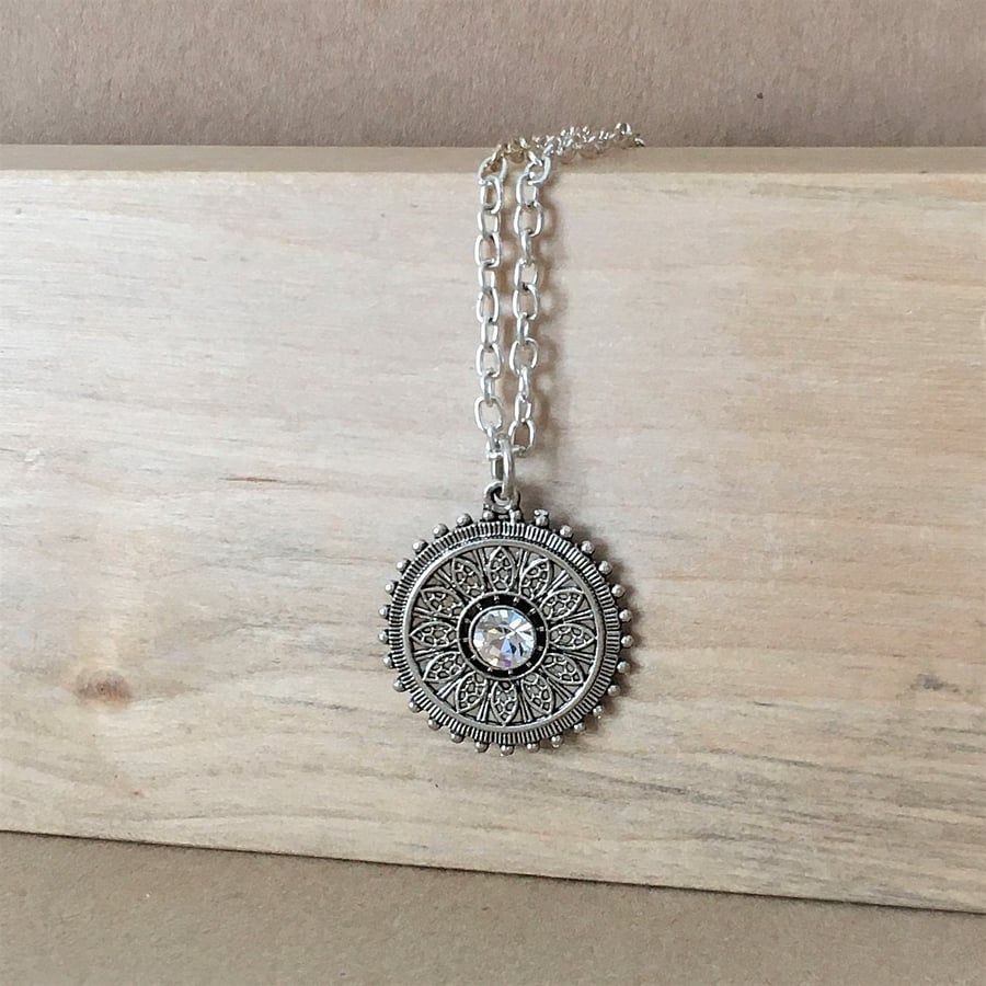 Upcycled Vintage Sunflower Design Rhinestone Pendant Necklace