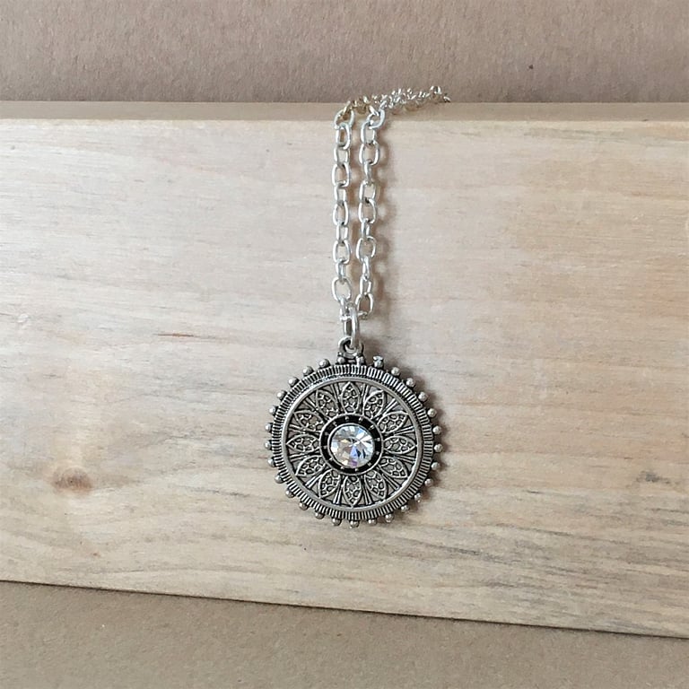 Upcycled Vintage Sunflower Design Rhinestone Pendant Necklace