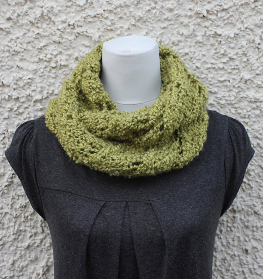 Womens circle scarf snood, light green neckwear, gift guide, knitwear UK, vegan 