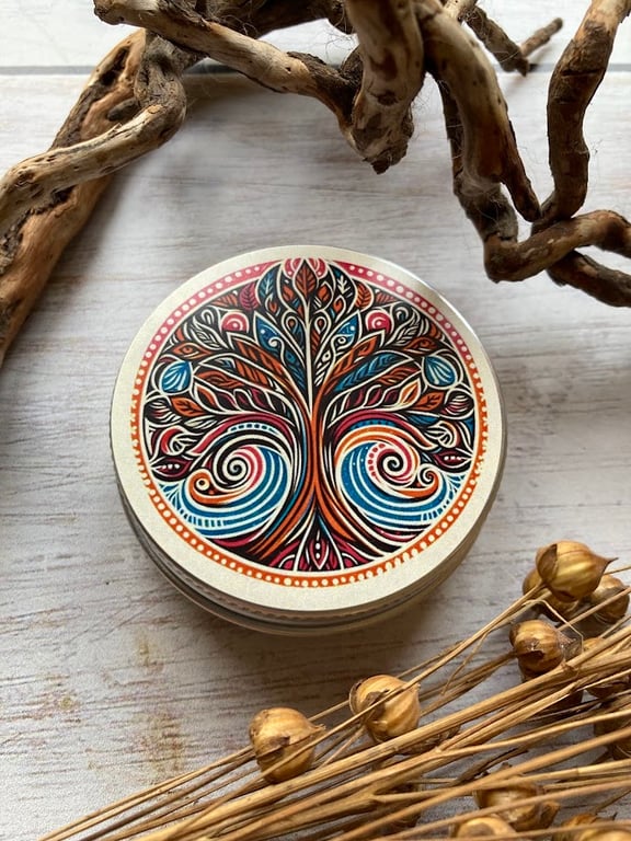Storage tin tree for buttons, stitch markers, beads, knitting and sewing