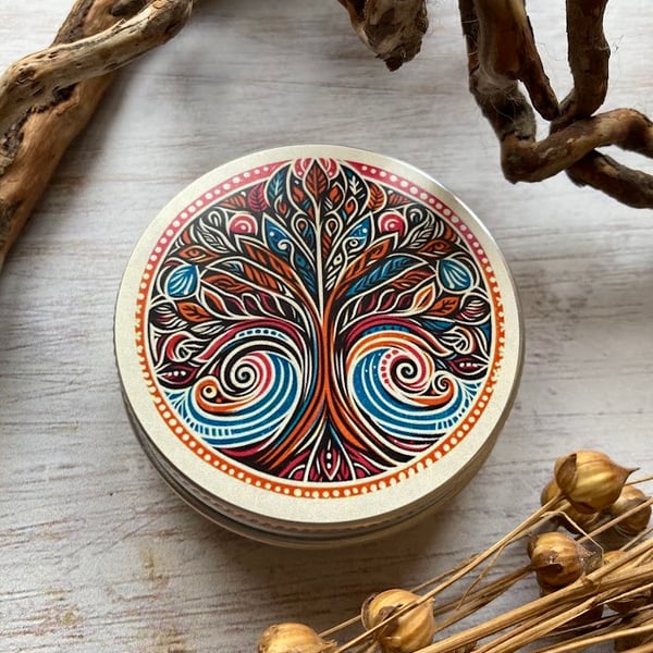 Storage tin tree for buttons, stitch markers, beads, knitting and sewing