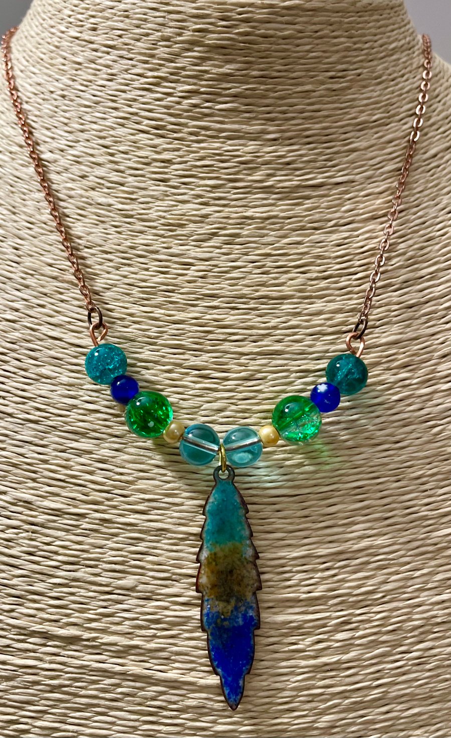 Vitreous enamel Copper leaf Necklace with Cracked Bead Detail (Sea-green) 