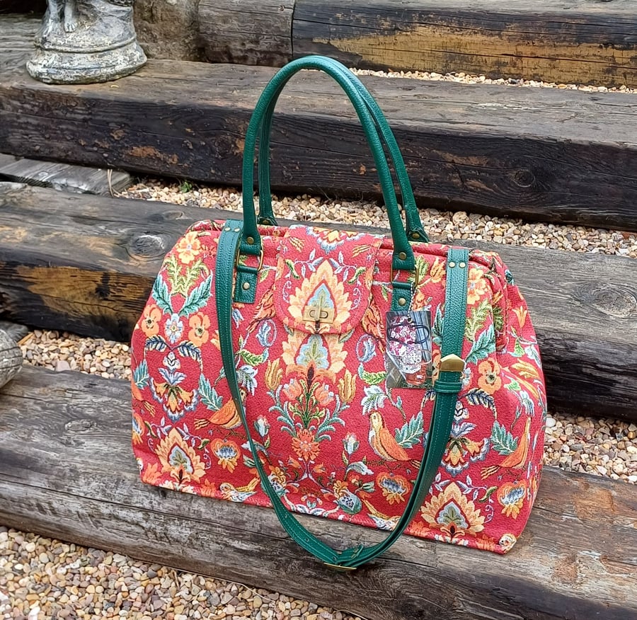 Mary Poppins style carpet bag Red William Morris style tapestry weekend bag