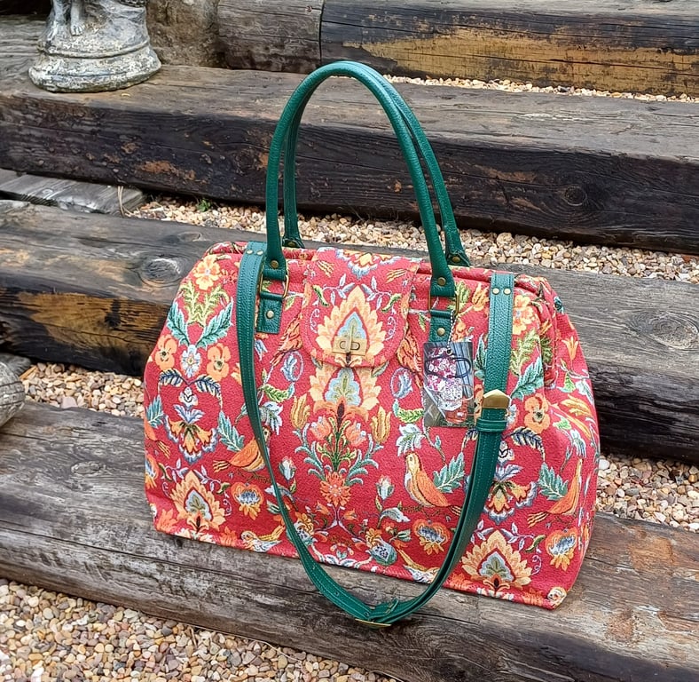 Mary Poppins style carpet bag Red William Morris style tapestry weekend bag