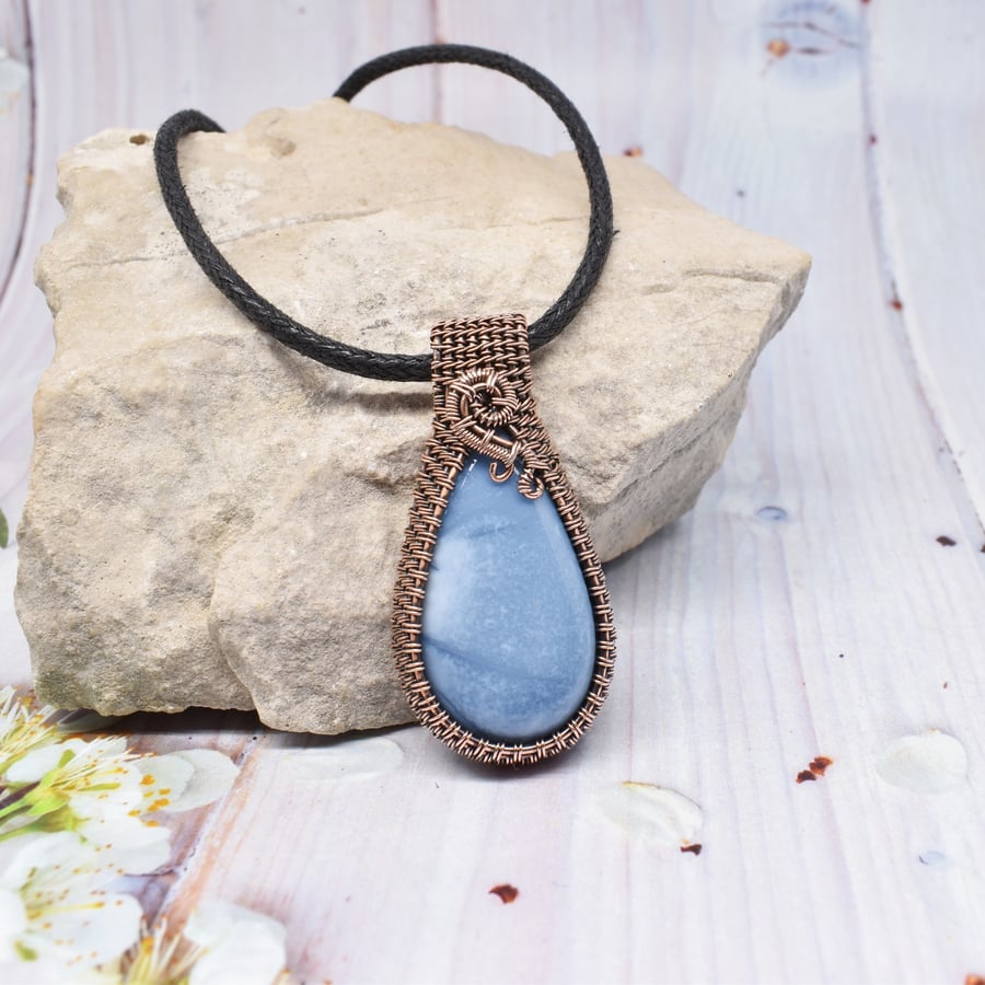 Wire Woven Owyhee Blue Opal and Copper Pendant